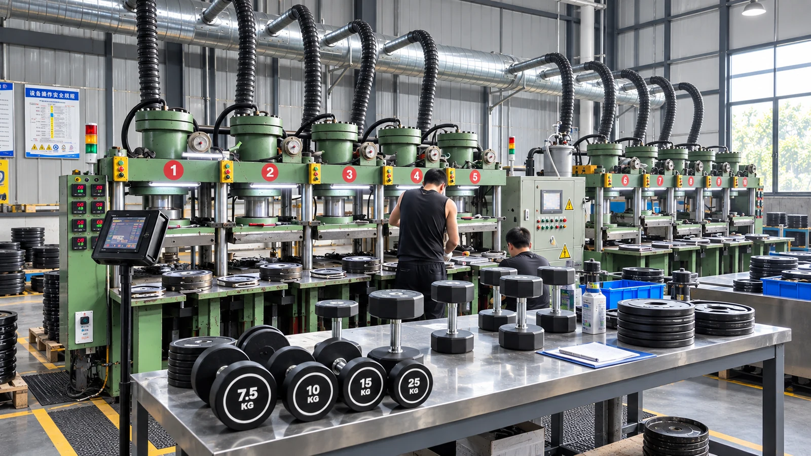 Moulding presses with finished chrome-handled dumbbells staged at the bench